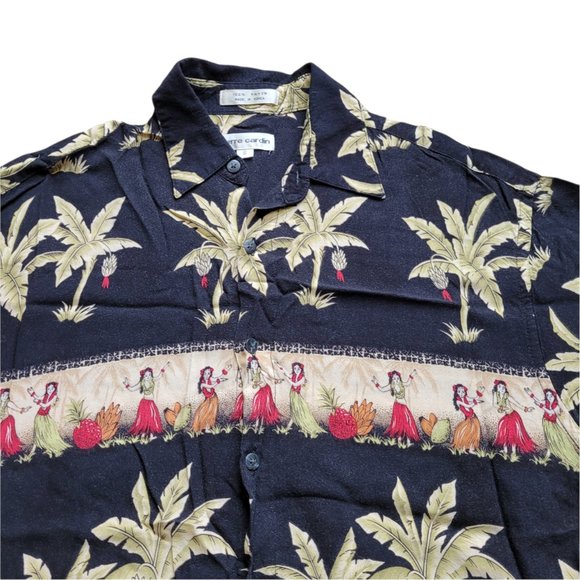 Pierre Cardin Men's Hawaiian Shirt Small Rayon Black Palm Trees Hula Girls Party - Picture 2 of 4